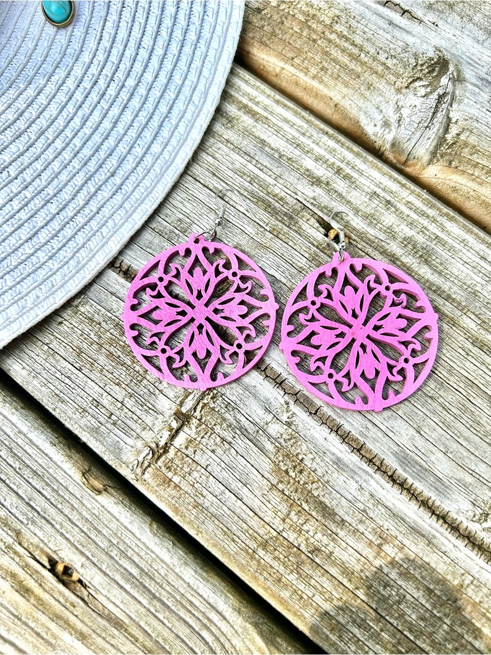Pink medallion intricate laser cut Circle Drop boho Earrings w resort vacay vibe